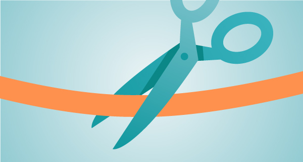 Image of scissors snipping through an orange ribbon.