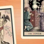 An image of three Tarot cards that represent Aquarius. Two are cut off and you can't see their names, but the one in the center is the Tower.