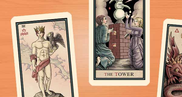 An image of three Tarot cards that represent Aquarius. Two are cut off and you can't see their names, but the one in the center is the Tower.