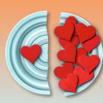 An image of a plate with a fork and knife on either side. The plate is cut in half, with the left half having a single heart on it, while the right side is piled high with hearts.