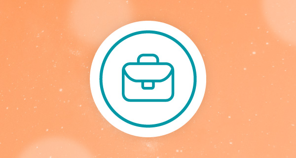 A small symbol of a suitcase in a white circle, which is overlaid on an orange background.