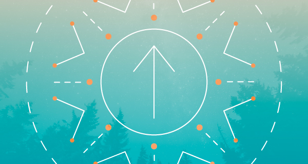A circular geometric design with little V-shapes pointing inward. In the center is an arrow directed upwards, as if to indicate rising. The background is a light teal.