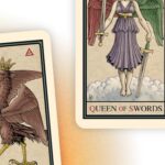 A set of three Tarot cards. Two are cut off and cannot be read, but the center card is the Queen of Swords.