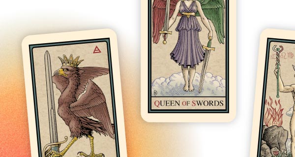 A set of three Tarot cards. Two are cut off and cannot be read, but the center card is the Queen of Swords.