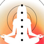 A white silhouette of a person who is meditating. Their chakras are marked with black dots, and an orange-red aura radiates out from behind them.