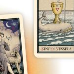 Three cards, though the first and third cards have their names cut off. The center card is the King of Vessels.