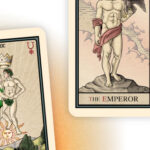 An image of three Tarot cards over an orange-to-white gradient background. One card is the Emperor, while the other two cards have their names cut off.