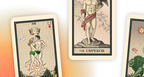An image of three Tarot cards over an orange-to-white gradient background. One card is the Emperor, while the other two cards have their names cut off.