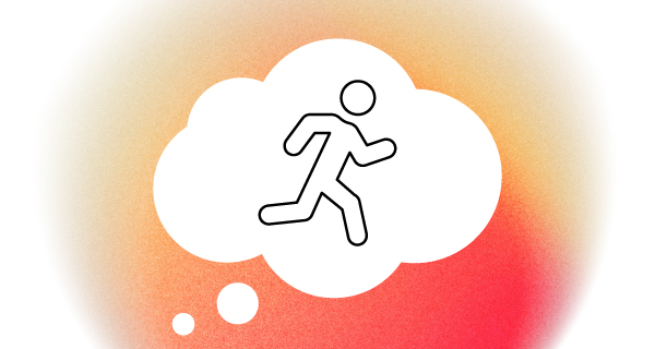 A small white thought bubble that has the figure of a person running inside it, with an orange-yellow gradient in the background.