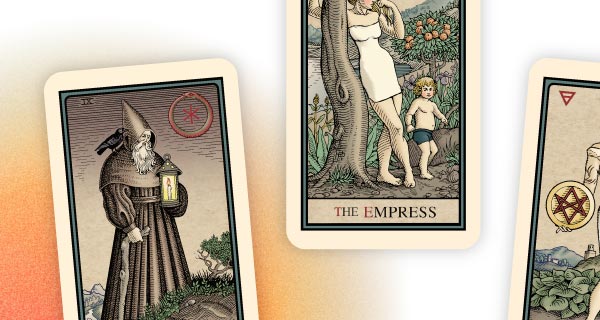 An image of three Tarot cards laid out. Two are cut off, but the center card is the Empress.
