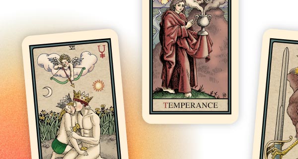 Three Tarot cards on an orange-to-white gradient, but two of the cards are cut off. The card in the center is Temperance.