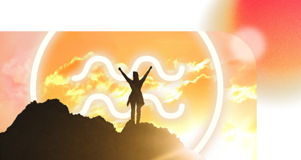 A woman standing on a mountain with her arms raised in the air. The sky is orange and the symbol of Aquarius is in the background.