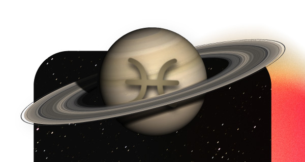 An image of the planet Saturn, with the symbol of Pisces in the center.