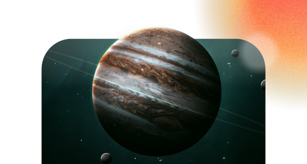 A large image of the planet Jupiter, over a blue-black shot of space.