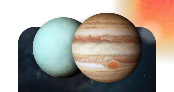 The planets of Uranus and Jupiter, nestled next to each other against a galaxy backdrop.