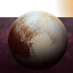 The planet Pluto over a reddish-purple galaxy.