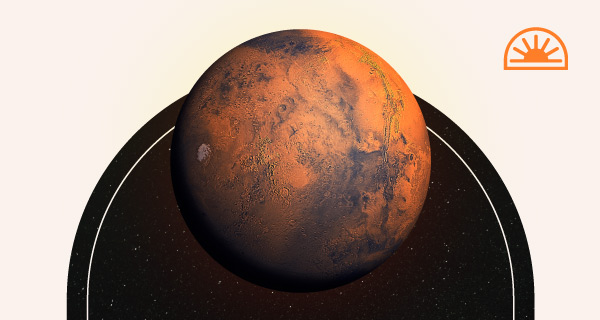 A picture of the Mars Return, a red planet over a dark galaxy.