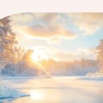 A snowy landscape with a sun setting over the ice.