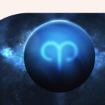 The planet Neptune with an Aries symbol across it.