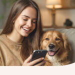 A woman sitting with her dog, holding her phone in hand.