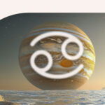 Jupiter rising over the horizon, with the Cancer symbol overlaid.