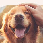 A content golden retriever being pet on the head.
