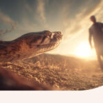 A snake coiling up to bite an approaching human.