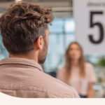 A man in an office building, a poster with the number 5 is in front of him.